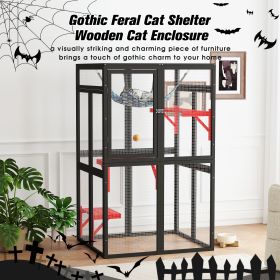 Gothic Feral Cat Shelter, Wooden Cat Enclosure,Cat Catio Outdoor with Sunshine Board, Off-Ground Door, Jumping Platforms, Cat Cage