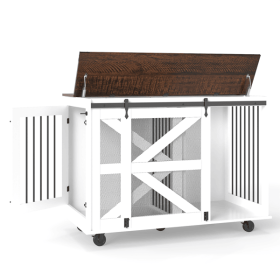 47.2" Mobile Dog Crate with Flip-Top Feeding Door, Dual-Access & 5 Caster System (2 Locking), Side Hooks - Multi-Functional Pet Kennel