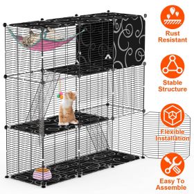 3-Tier Cat Cage Enclosure Indoor Cat Cage Playpen With Hammock Toy Ball Ladder DIY Iron Wire Cat House Kennels Crate For 1-2 Cats Ferret Rabbit S (Color: Black)